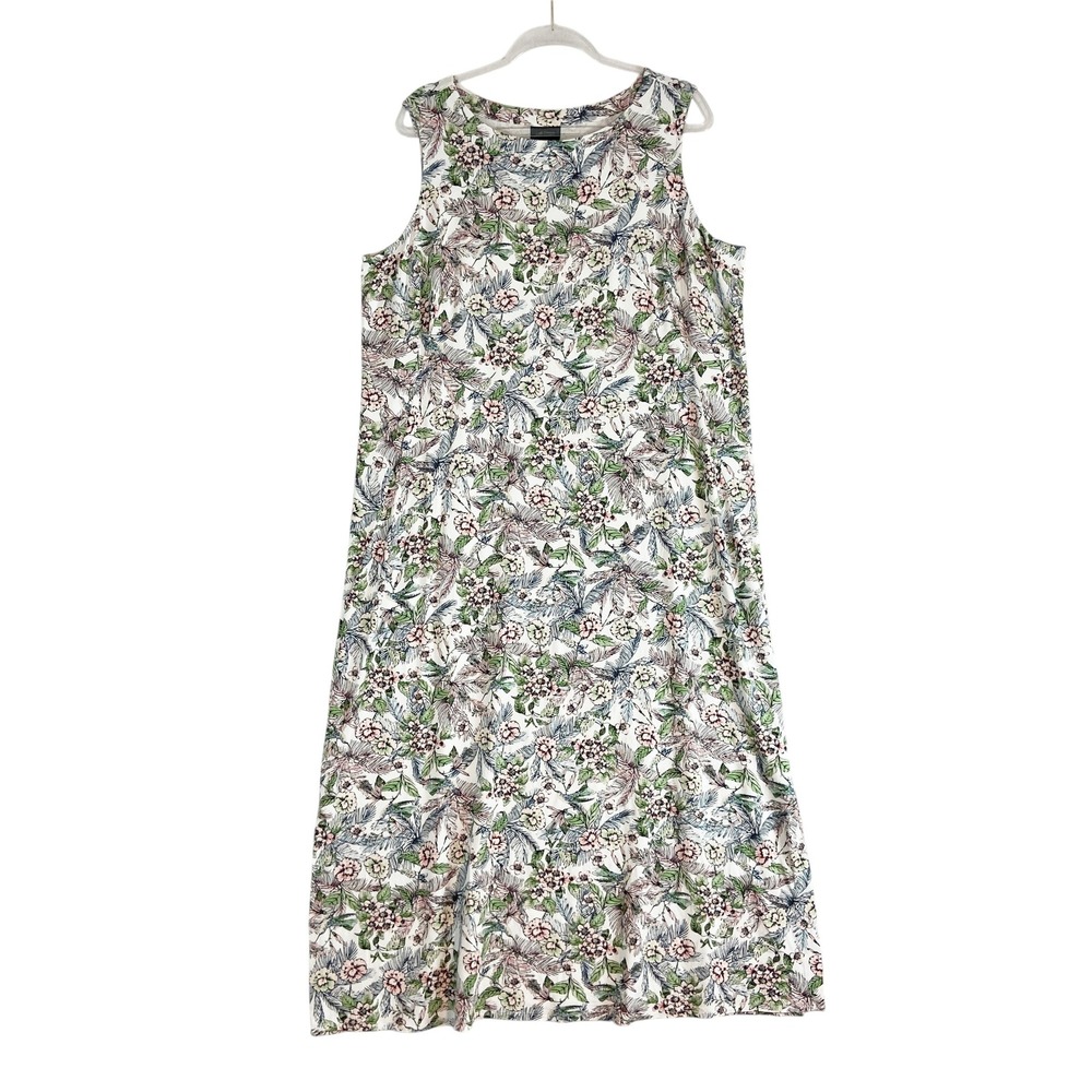 J Jill Wearever Floral Hummingbird Sleeveless Midi‎ Dress XL White Pink Green